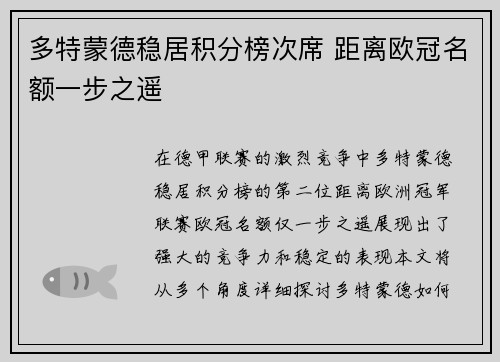 多特蒙德稳居积分榜次席 距离欧冠名额一步之遥