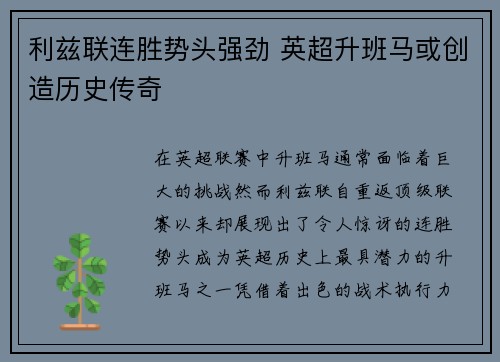 利兹联连胜势头强劲 英超升班马或创造历史传奇