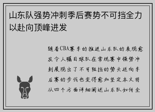 山东队强势冲刺季后赛势不可挡全力以赴向顶峰进发