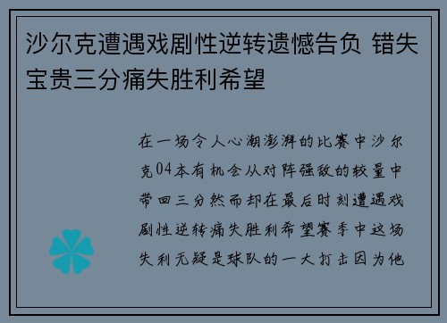 沙尔克遭遇戏剧性逆转遗憾告负 错失宝贵三分痛失胜利希望