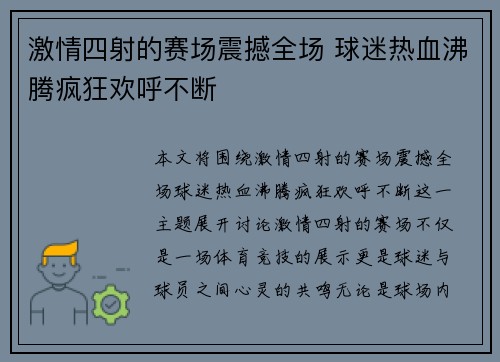 激情四射的赛场震撼全场 球迷热血沸腾疯狂欢呼不断