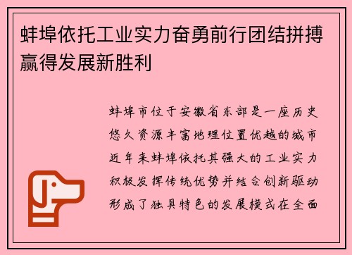 蚌埠依托工业实力奋勇前行团结拼搏赢得发展新胜利