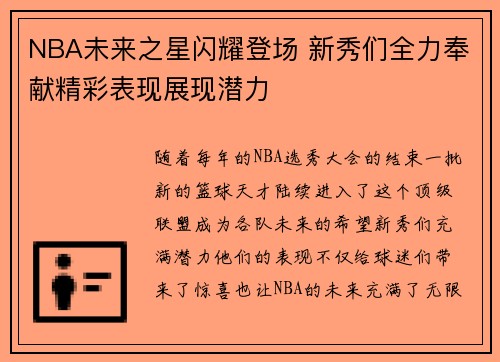 NBA未来之星闪耀登场 新秀们全力奉献精彩表现展现潜力